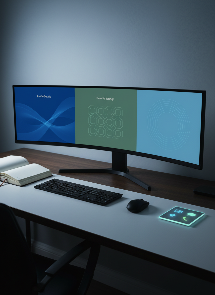 A large, ultra-wide monitor on a tidy dark-wood desk displaying an organized account management center, with colored panels representing profile details, security settings, and support options, all abstracted and text-free. Surrounding the monitor are neatly arranged tools: an open notebook with blank pages, a wireless keyboard and mouse, and a small, illuminated icon-based panel suggesting email, chat, and call support methods through simple pictograms. Cool, even overhead lighting combined with subtle ambient light from the monitor bathes the scene in soft blues, conveying reliability and focus. Shot from a slightly elevated angle with sharp focus throughout, the photographic composition feels structured and methodical, ideal for illustrating comprehensive account support and management in a business context.