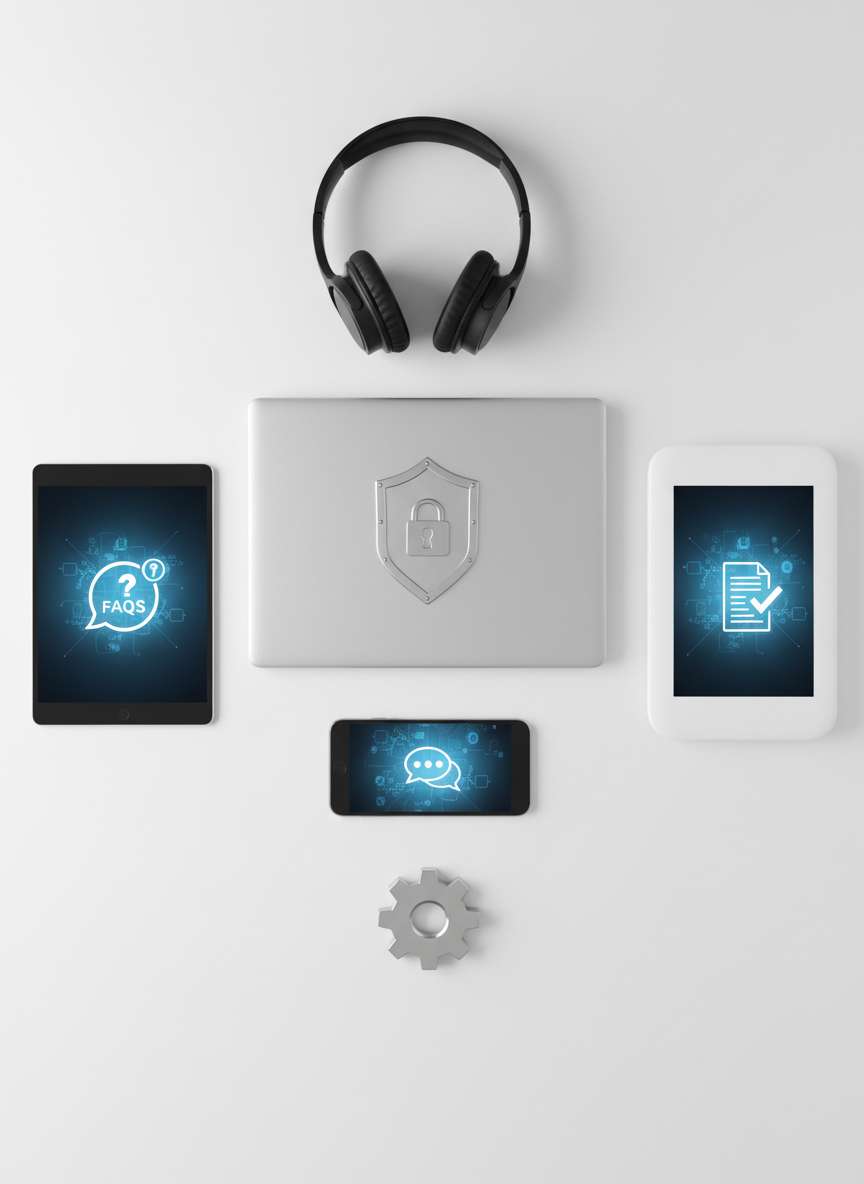 A top-down photographic shot of a carefully arranged help-and-support workspace: a closed silver laptop at the center with an embossed shield emblem on the lid, symbolizing secure accounts, surrounded by a tablet, smartphone, and a small, sleek router, all neatly aligned. Each device screen shows abstract icons for FAQs, live chat, and support tickets, with no readable text. Soft, diffused light from an overhead source creates minimal shadows and a clean, almost clinical clarity across the smooth white surface. Accent objects like a pair of noise-cancelling headphones and a stylized gear-shaped paperweight subtly hint at troubleshooting and account settings. The mood is organized and efficient, with a minimalist, professional aesthetic emphasizing multi-channel account support access.